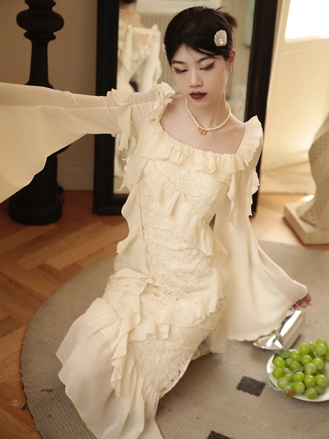 Asymmetry Ruffle Fairy Embroidered Fishtail Dress