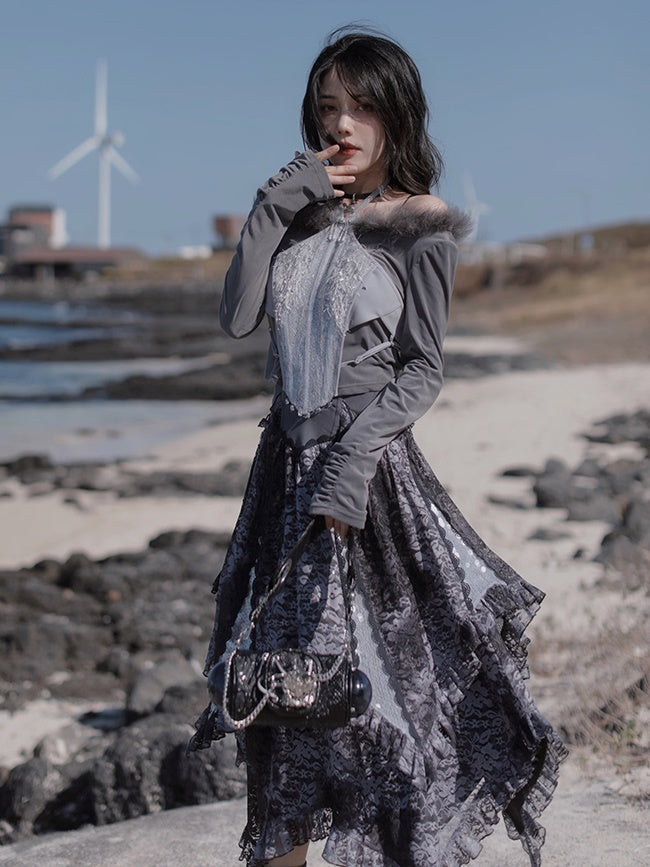 Fur Collar Top & Halter-neck Vest & Cut Lace Skirt