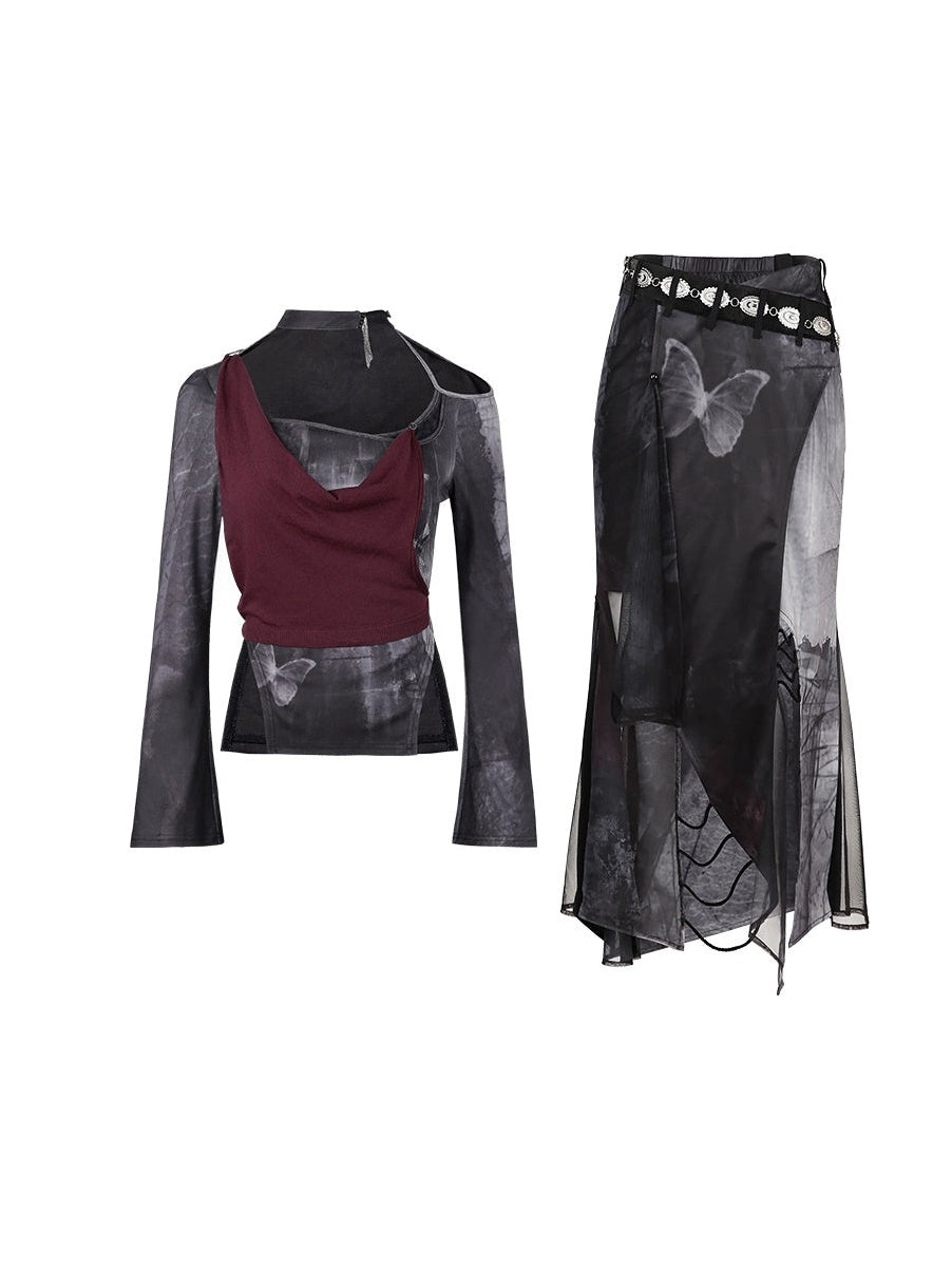 Punk Style Layered Design Top & Butterfly Mermaid Skirt