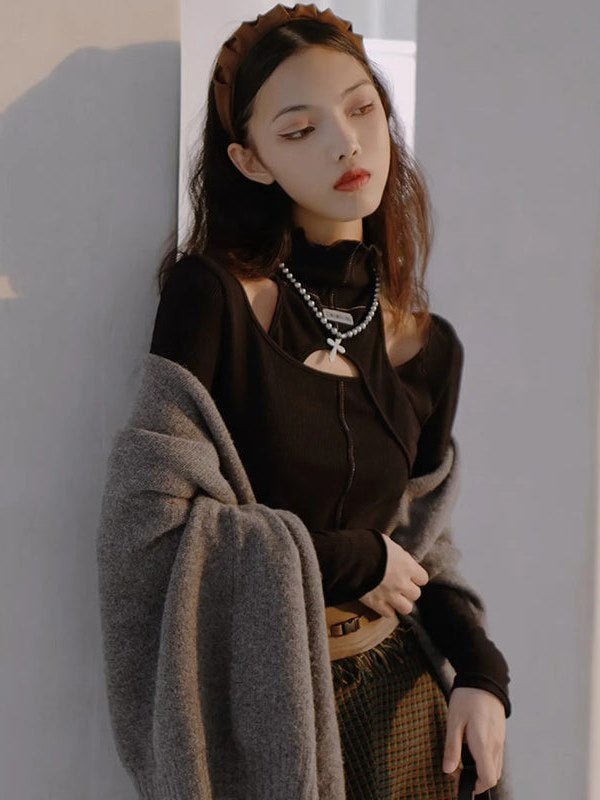 High Neck Structure & Hollow Knit Top