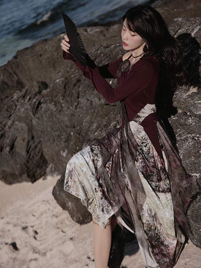One-Shoulder Switching Forest Dress & Velvet Cape