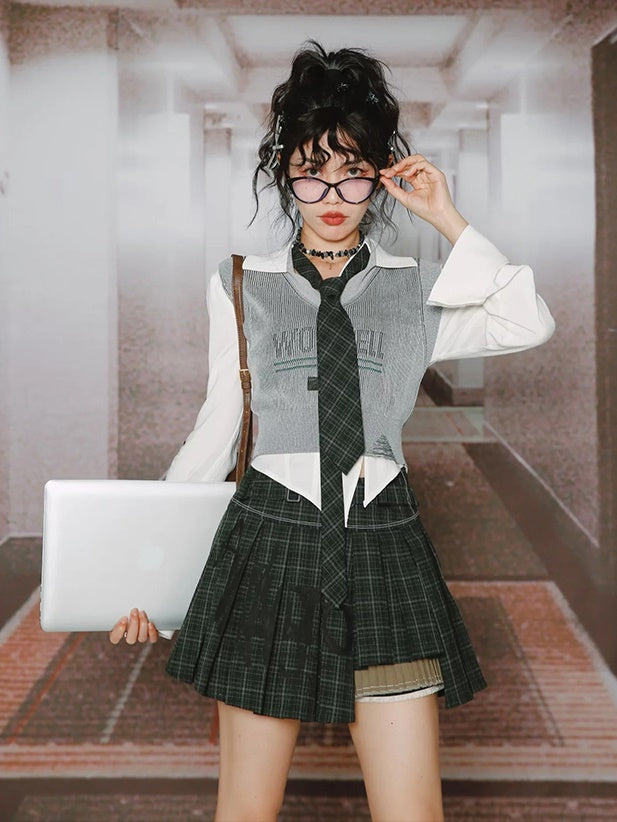 College British Style Shirt &&Vest & Pleated Culottes & Jacket