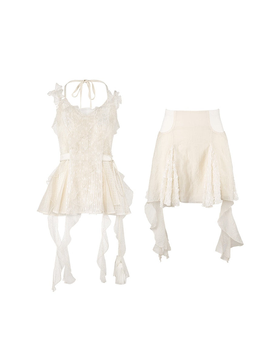 Frill Stitch Sleeveless Top & Irregular Flare Skirt