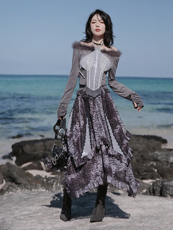 Fur Collar Top & Halter-neck Vest & Cut Lace Skirt
