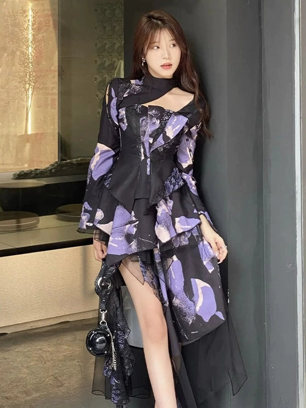 Modern Print Hollow Slim Waist Top & Fishtail Drape Skirt Set-up