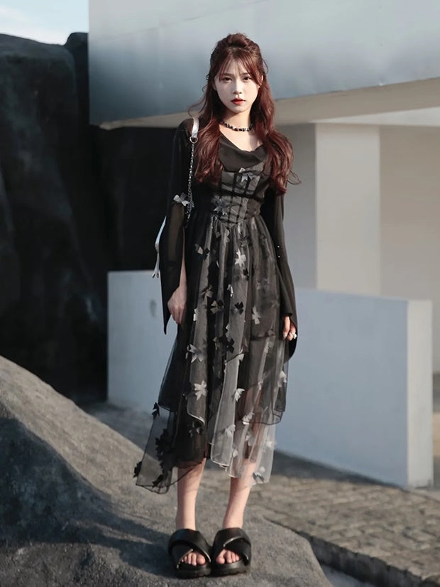 Butterfly Ribbon Gauze Hooded Dress