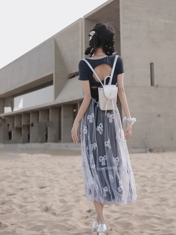 Embroidery Slim Short T-shirt & Camisole & Ribbon Culottes & Bubble Skirt