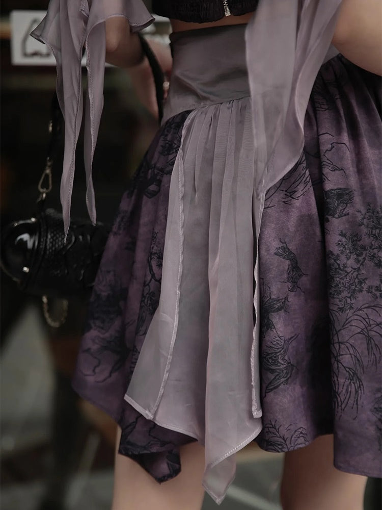 Chinese Style Short Top & Irregular Hem Skirt & Camisole & Cropped Sheer Cardigan