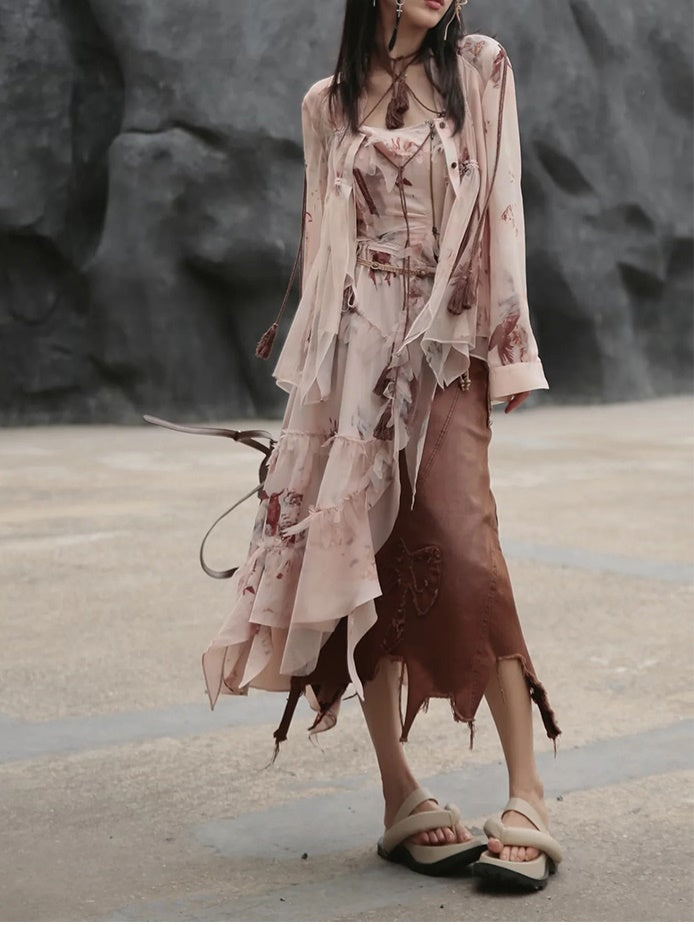 Exotic Print Set-up & Sling Dress & Culottes & Sheer Shirt