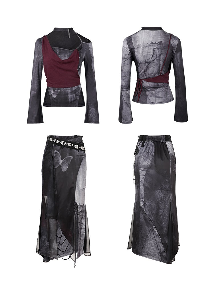 Punk Style Layered Design Top & Butterfly Mermaid Skirt