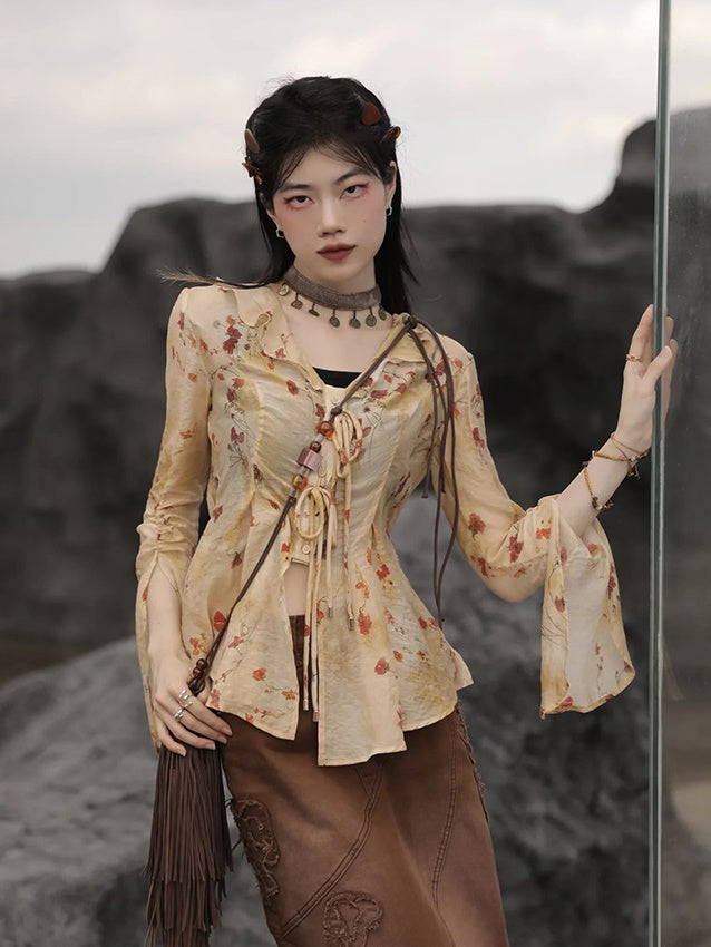 Floral Printed Strap Fake Layered Dress & Shirt
