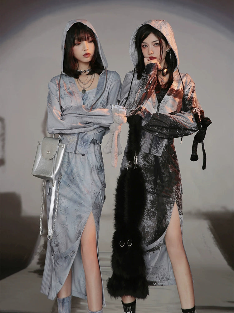 Graffiti Print Parka & Camisole Set & Cutout Pants & Slit Skirt