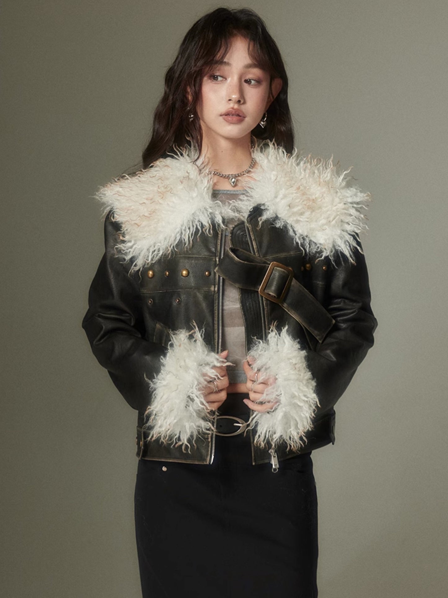 Furry Lapel Leather Jacket