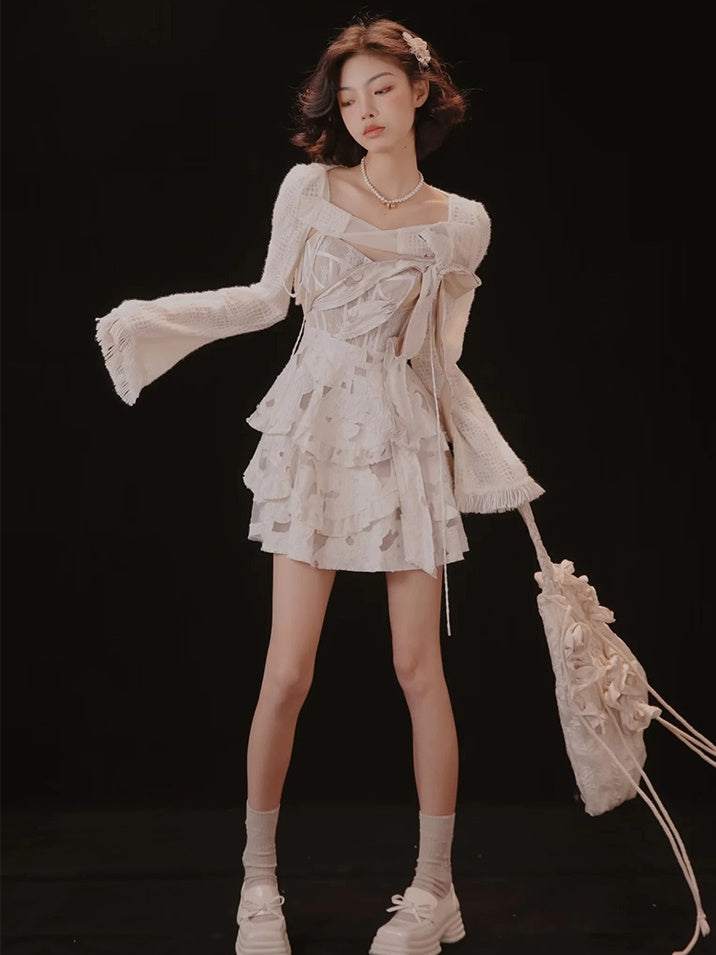 Butterfly Jacquard Dress & Short Cardigan