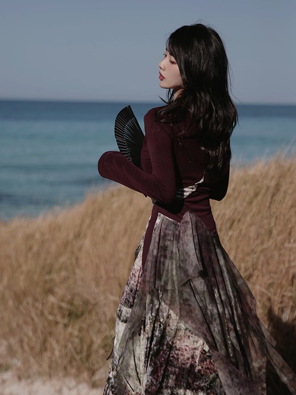 One-Shoulder Switching Forest Dress & Velvet Cape