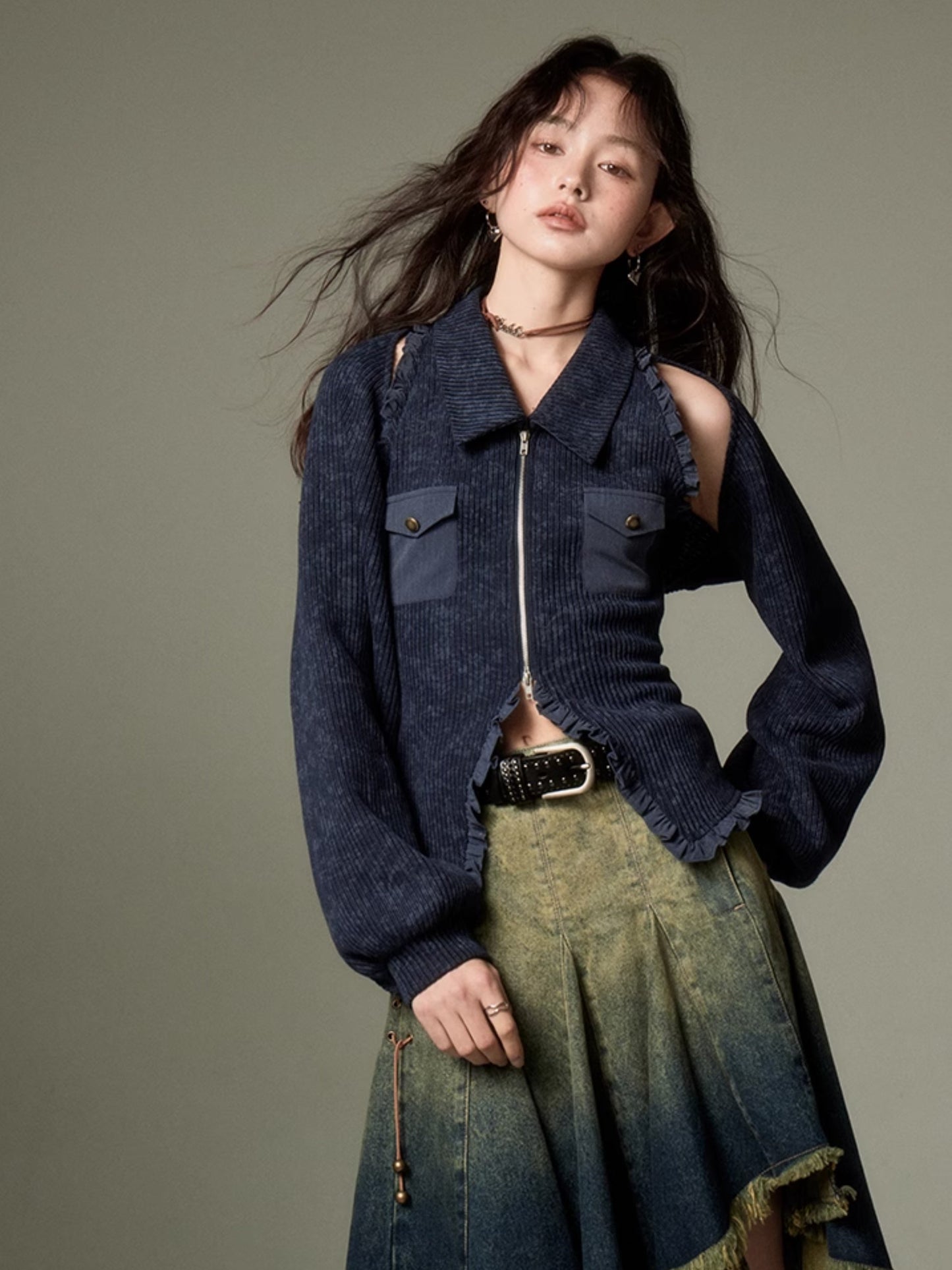 Polo Collar Knitted Sleeveless Top & Shawl Cardigan Set-up