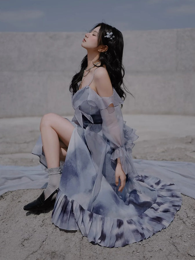 Oil Painting Print Dress with Detachable Sleeves