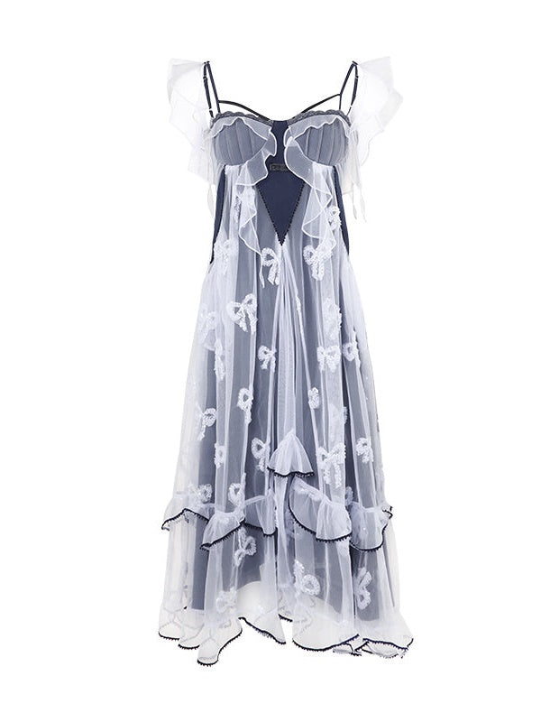 Butterfly Embroidered Ribbon Fake Two-Piece Dress & Cardigan