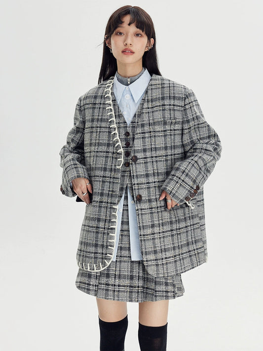 Woven Plaid No-Collar Jacket ＆ Vest ＆ Pleated Skirt