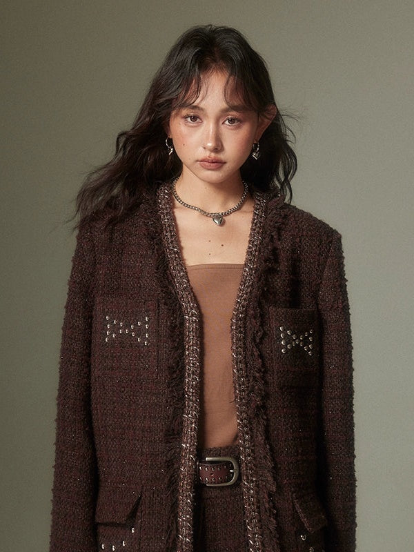 Rivet Glitter Tweed No-Collar Jacket & Pleated Skirt