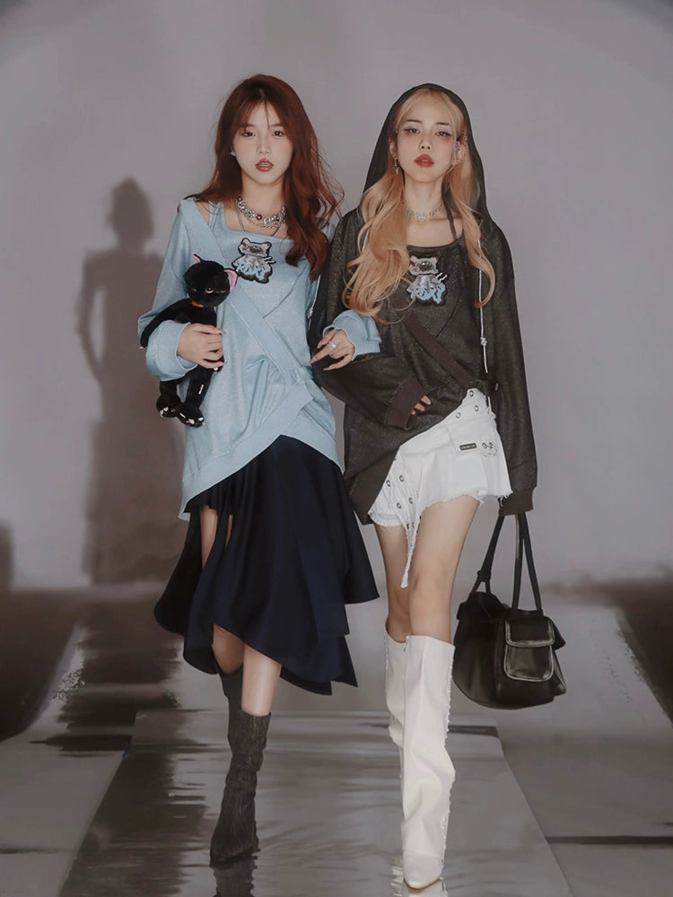 Cat Design Layered Style Loose Top & Switching Design One-piece