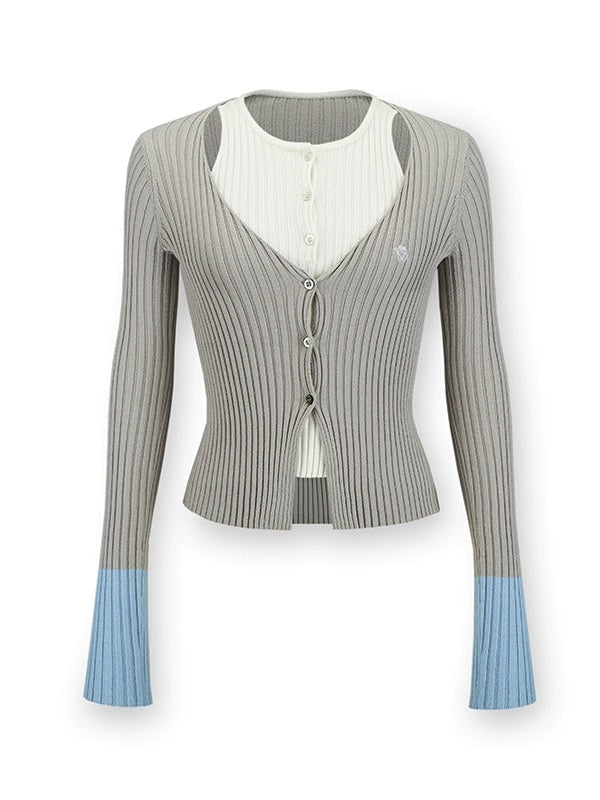 Fake Layered Double Placket Knitted Cardigan
