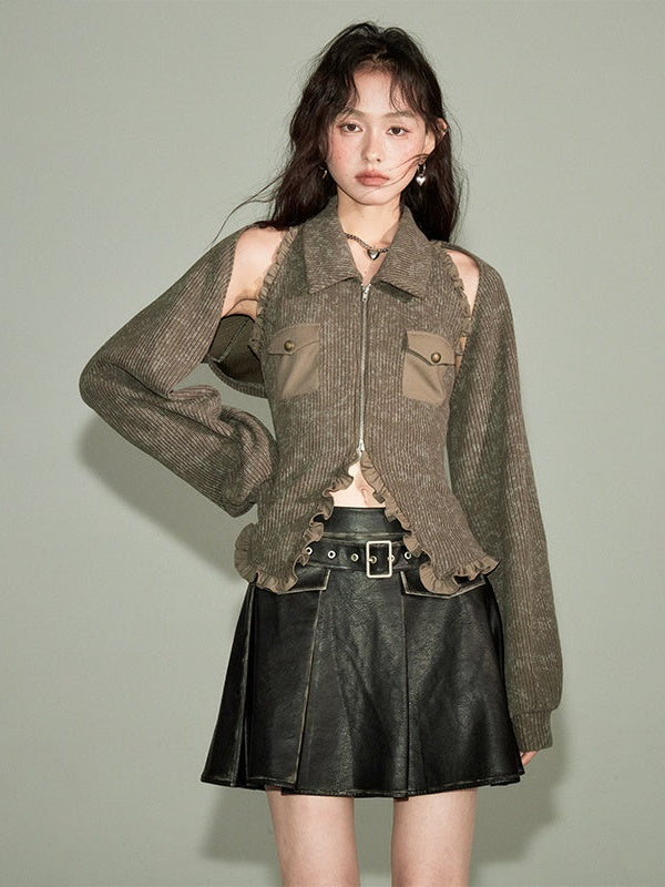 Polo Collar Knitted Sleeveless Top & Shawl Cardigan Set-up
