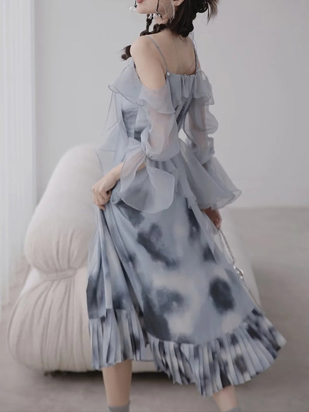 Oil Painting Print Dress with Detachable Sleeves