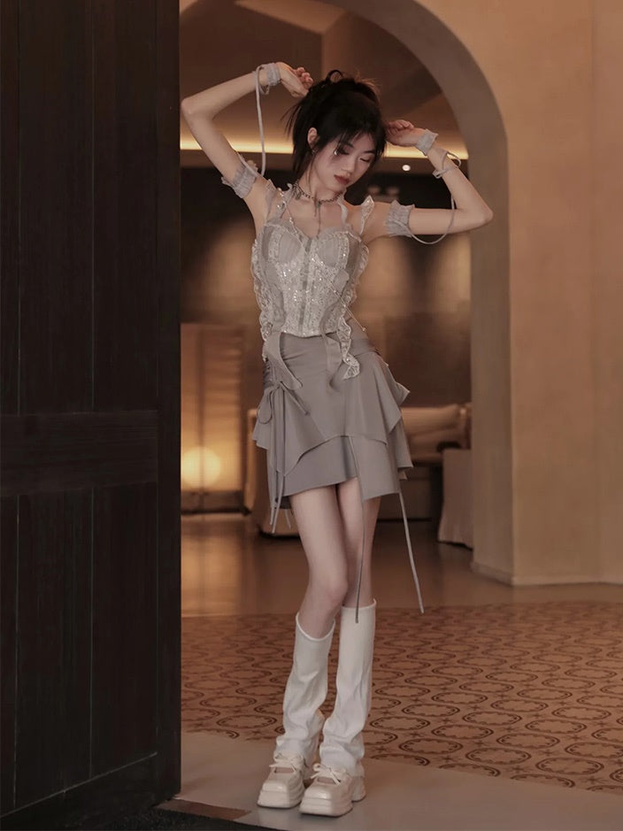 Lace Spangle Stitch Camisole Top & Irregular Hem Culottes