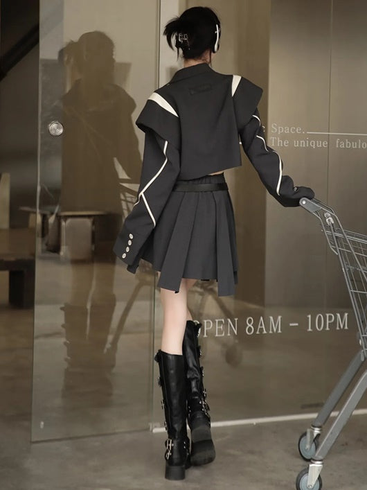 Plaid Wide Shoulder Jacket & Pleated Skirt Pants