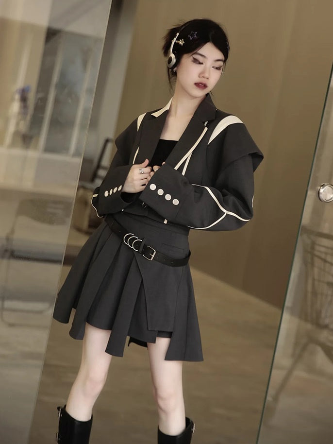 Plaid Wide Shoulder Jacket & Pleated Skirt Pants