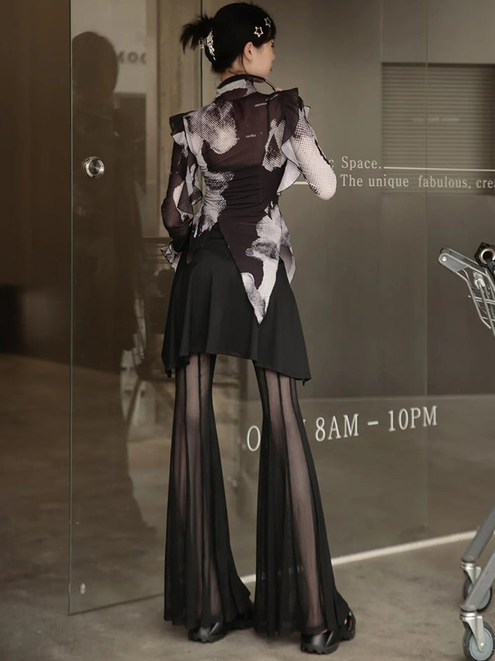 See-through Flared Skirt Pants