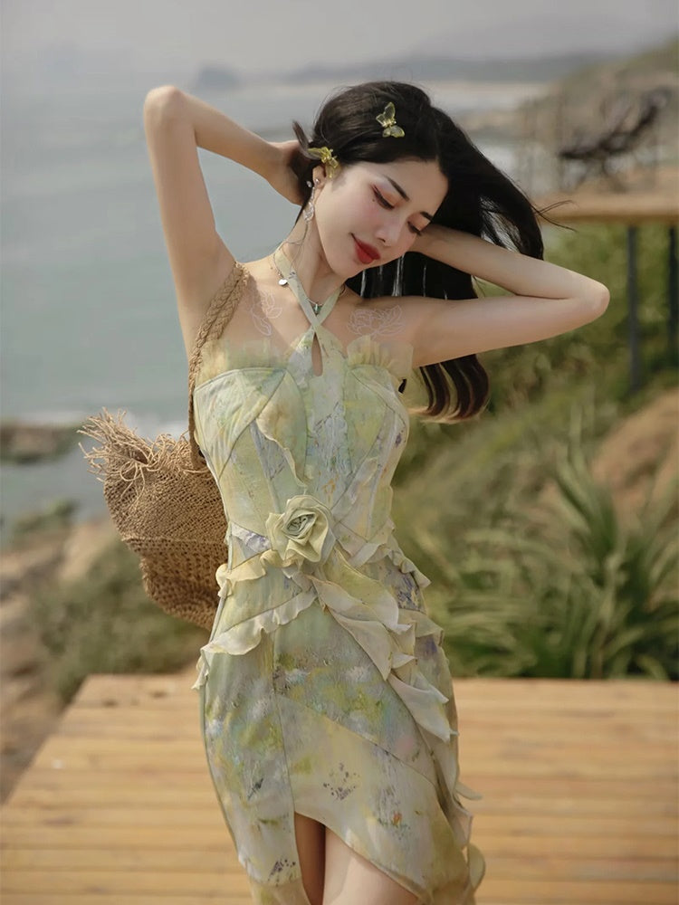 Oil Painting Printing Fishtail Dress & Top & Set-up