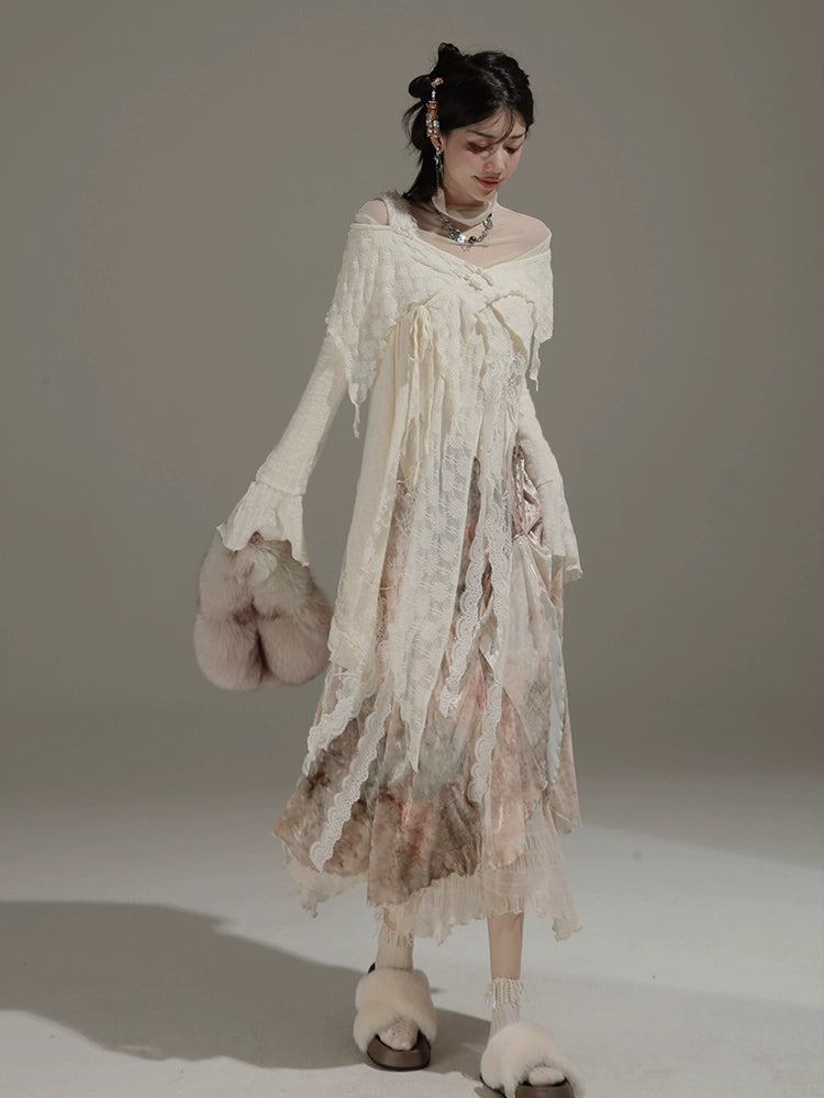 Fairy Style Mermaid Slip Dress & Asymmetry Lace Top & Belt