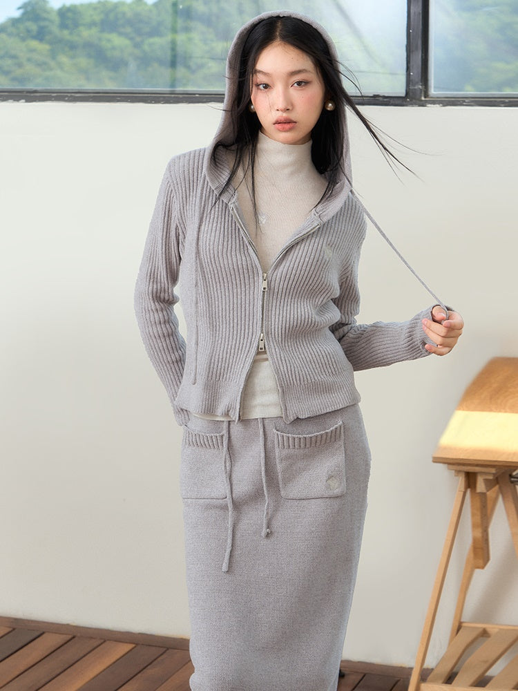 Relaxing Hooded Knitted Parka & Skirt & Pants