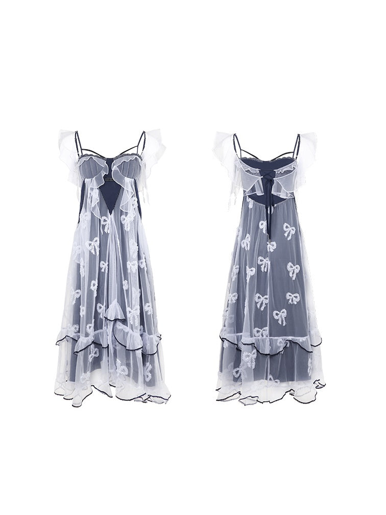 Butterfly Embroidered Ribbon Fake Two-Piece Dress & Cardigan