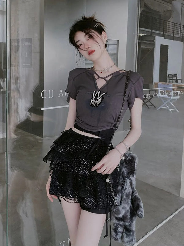 Bunny Length T-Shirt & Black Lace Set-up