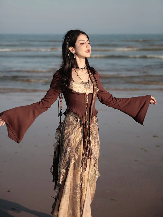 Classical Aesthetics Printed Lace Dress & Waist Slim Cardigan