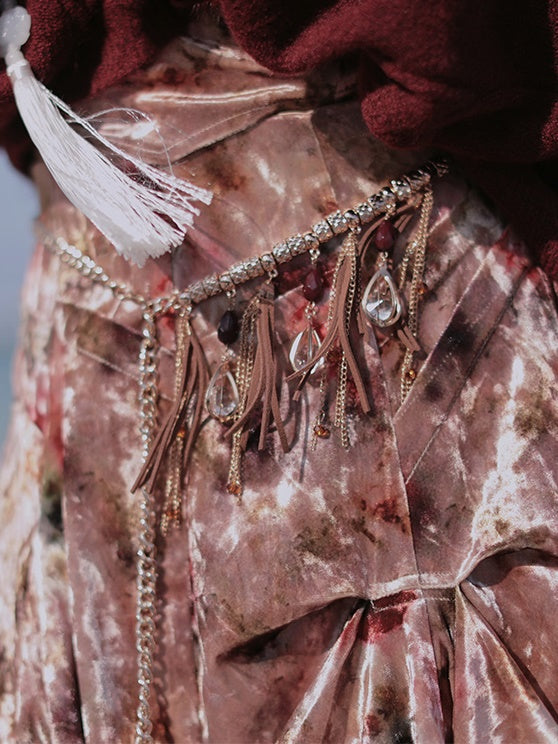 Velvet Print Halter-neck Vest & Layered Design Skirt & Chain Belt & Knitted Hooded Cardigan