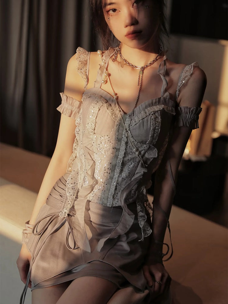 Lace Spangle Stitch Camisole Top & Irregular Hem Culottes