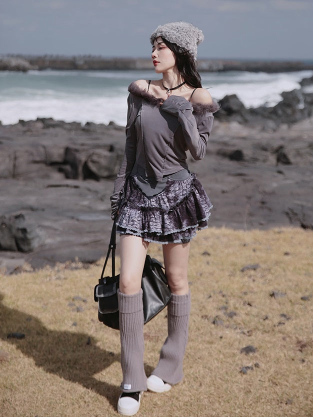 Fur Collar Top & Halter-neck Vest & Cut Lace Skirt