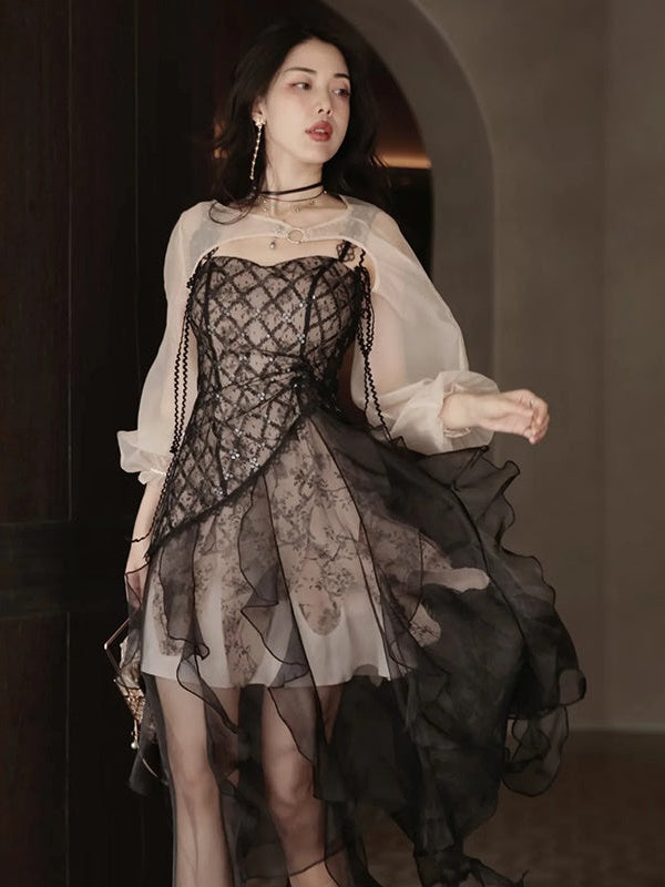 Irregular Frill Stitch Lace Sheer Sling Dress