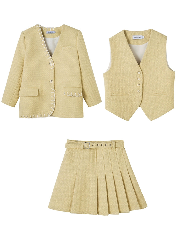 No-Collar Jacket & Vest & High-waisted Pleated Skirt