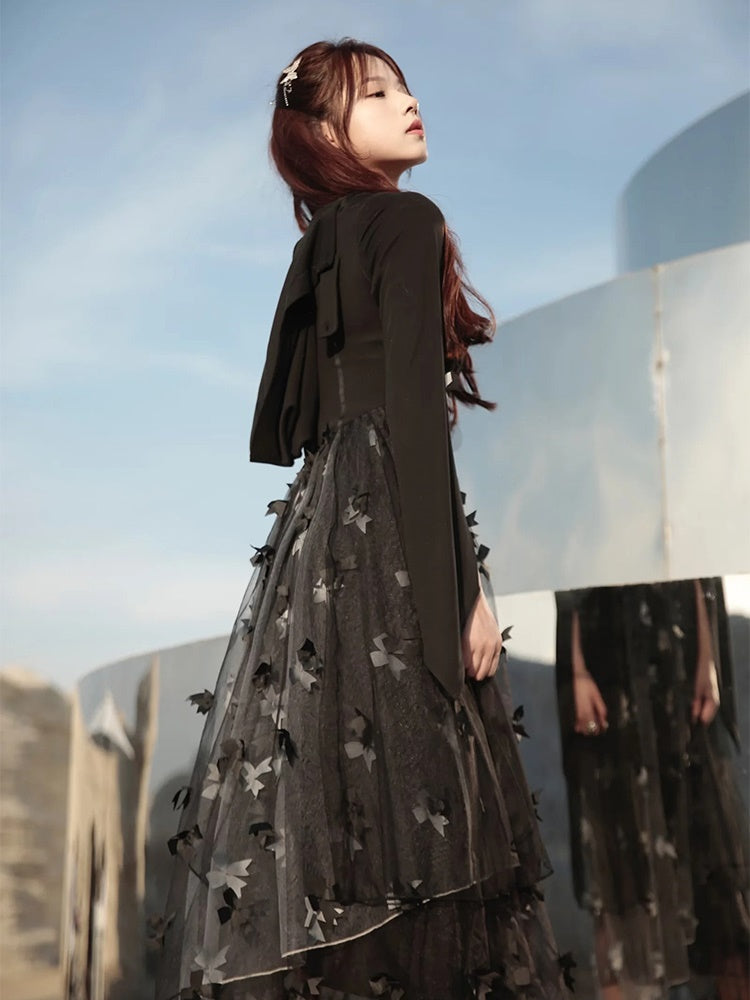 Butterfly Ribbon Gauze Hooded Dress