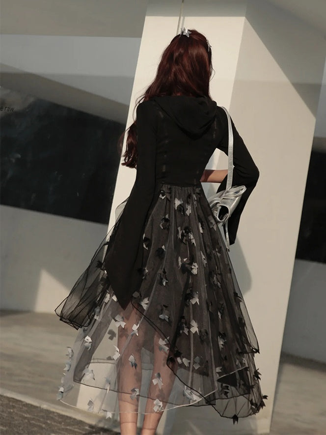 Butterfly Ribbon Gauze Hooded Dress