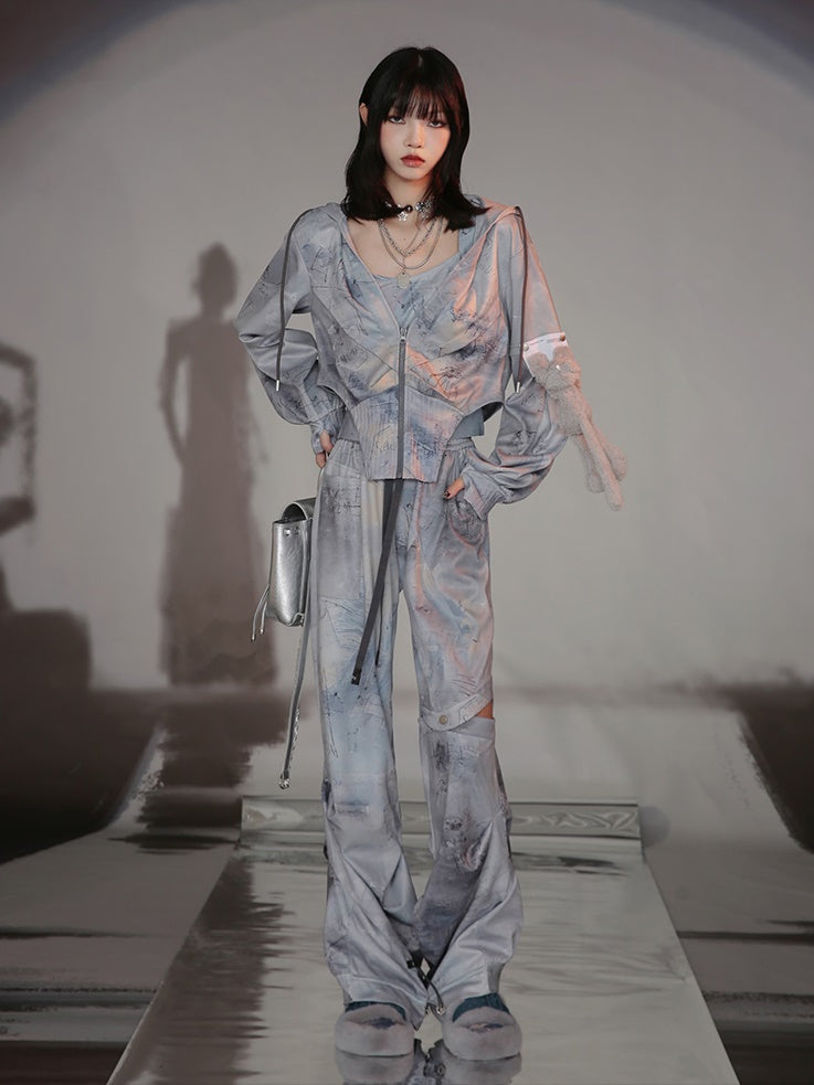 Graffiti Print Parka & Camisole Set & Cutout Pants & Slit Skirt