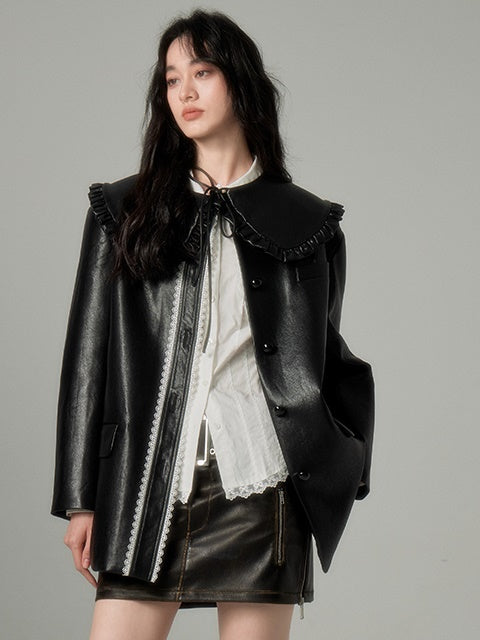 Detachable Fake Collar Lace Leather Jacket