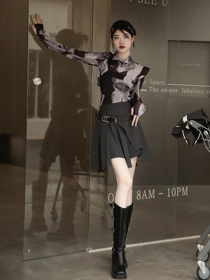 Plaid Wide Shoulder Jacket & Pleated Skirt Pants