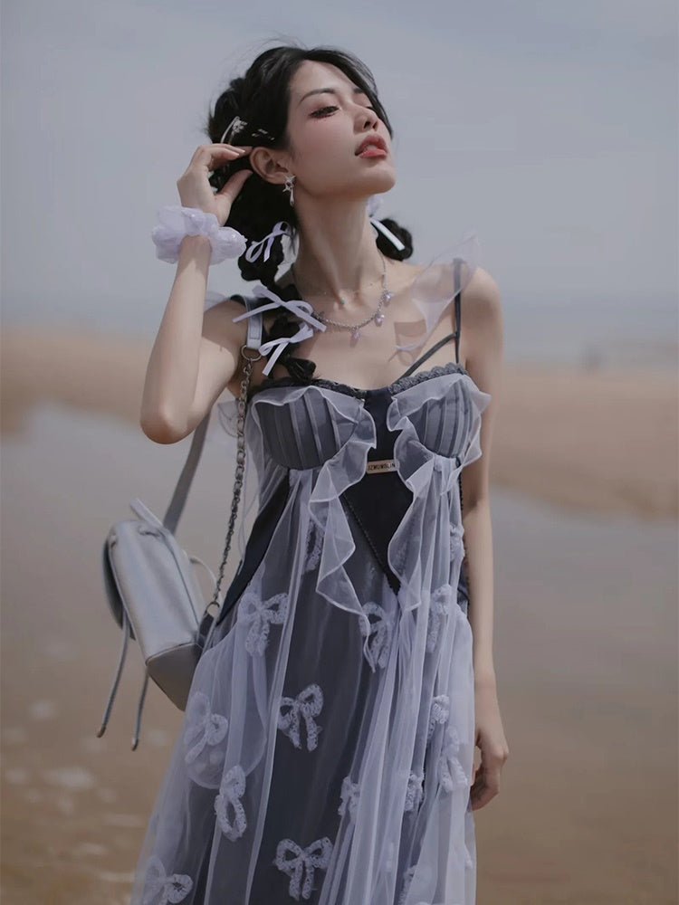 Butterfly Embroidered Ribbon Fake Two-Piece Dress & Cardigan