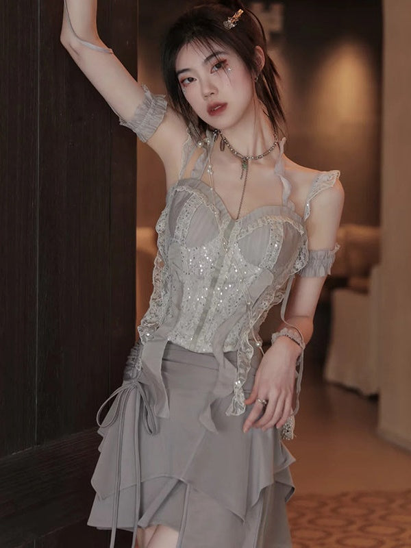 Lace Spangle Stitch Camisole Top & Irregular Hem Culottes